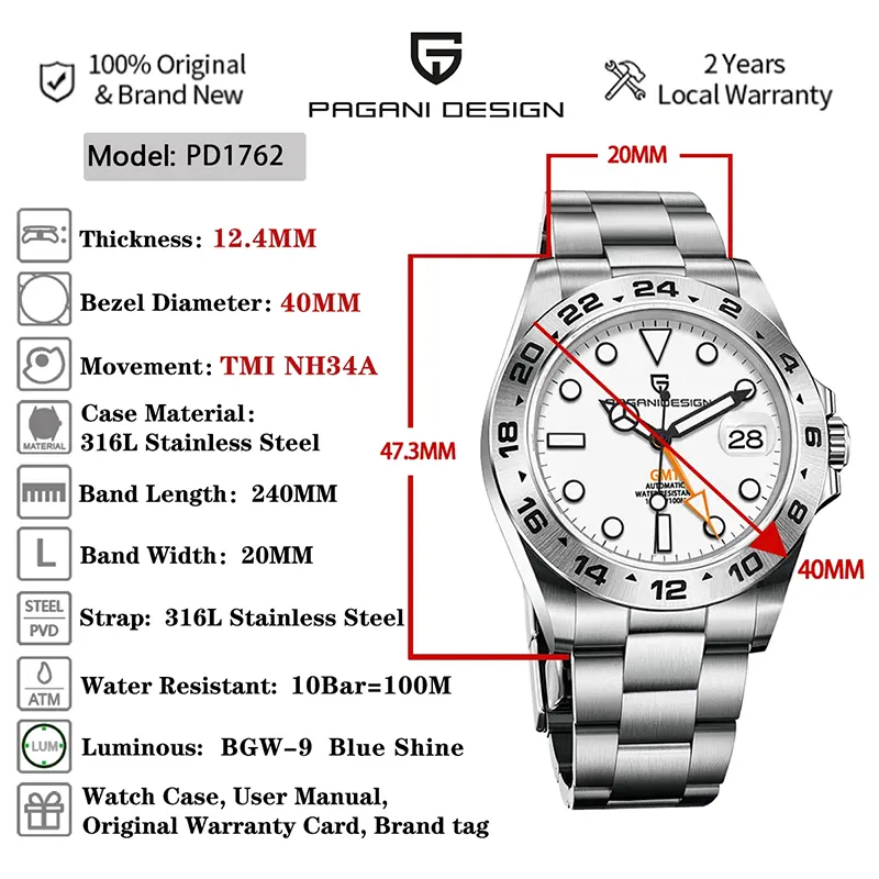 Pagani Design PD-1762 Explorer II GMT White Dial Men's Watch